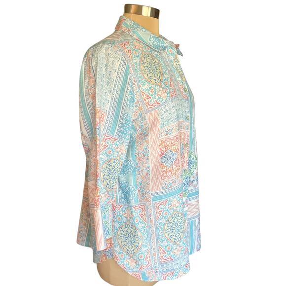 Chico's No Iron Coastal Tile Linen Button Up Shirt Size 12 Casual Travel Summer - Picture 5 of 10